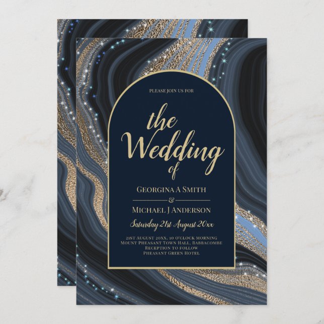 Invitación Boda STARRY NIGHT de la Marina LeahG Blue Gold Aga (Anverso / Reverso)