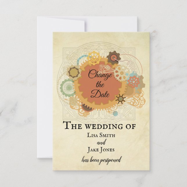 Invitación Boda Steampunk Cambiar la Fecha Industrial (Anverso)