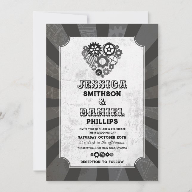 Invitación Boda Steampunk Corazones Cogs Retrofuturistas (Anverso)