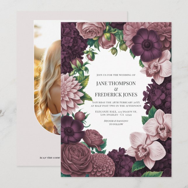 Invitación Boda Storm Plum, Graphite Rose y Antique Blush (Anverso / Reverso)