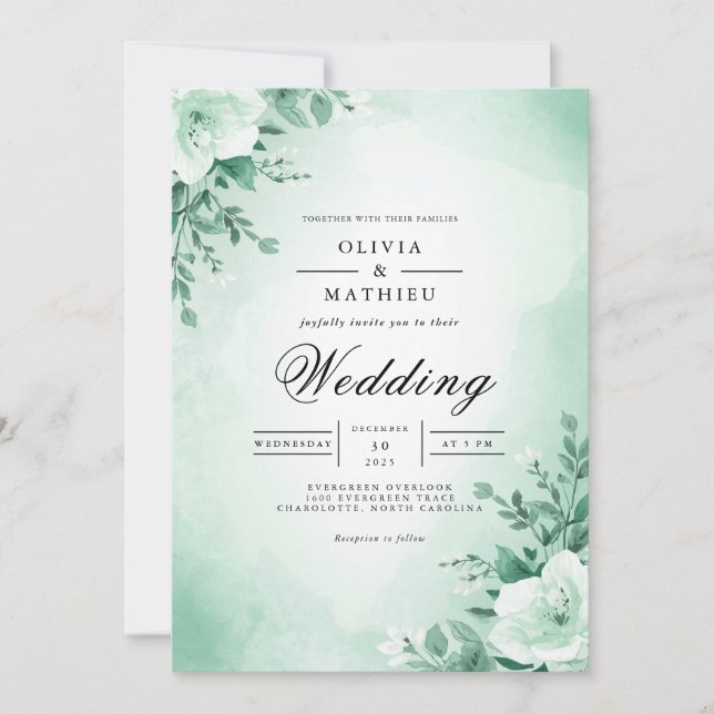 Invitación Boda suave de arcos florales de menta (Anverso)