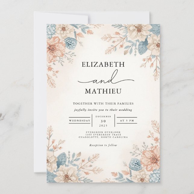 Invitación Boda suave de borde floral azul de cada grano (Anverso)