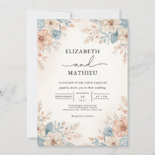 Invitación Boda suave de borde floral azul de cada grano