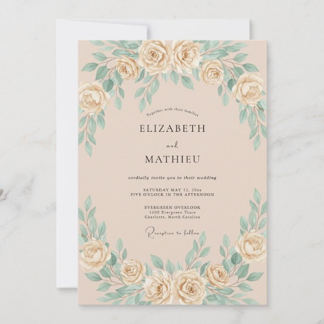 Invitación Boda Suave de Champagne con Hojas de Menta (Anverso)
