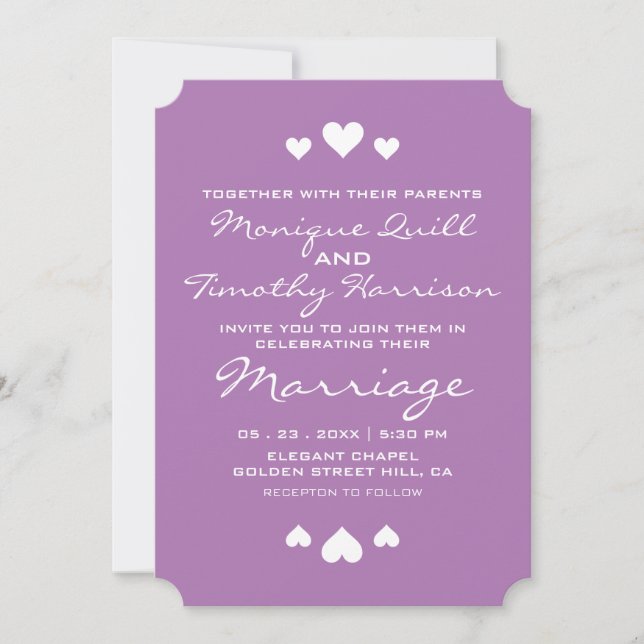 Invitación Boda suave de corazón morado suave (Anverso)