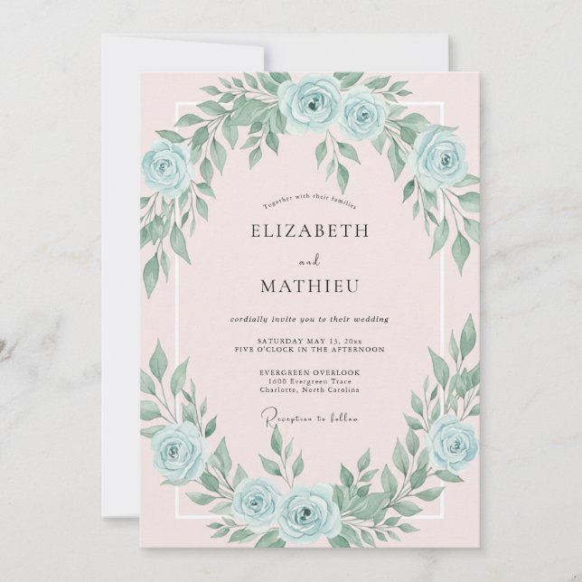 Invitación Boda Suave de Hojas de Azul Rosa (Anverso)