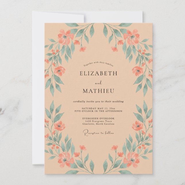 Invitación Boda Suave de Melocotón Verde Hoja (Anverso)