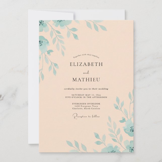 Invitación Boda Suave de Melocotón y Menta con Hojas (Anverso)