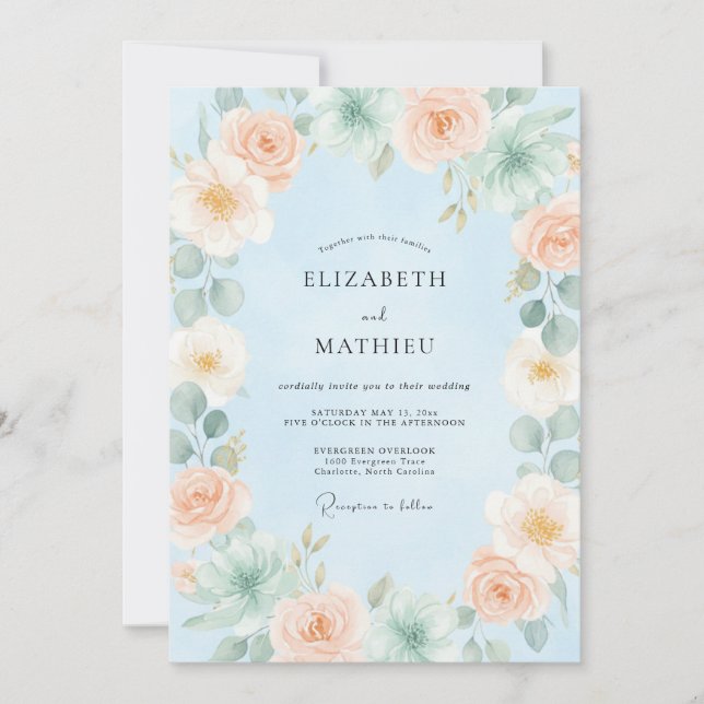 Invitación Boda Suave de Suculentas Azul Claro (Anverso)