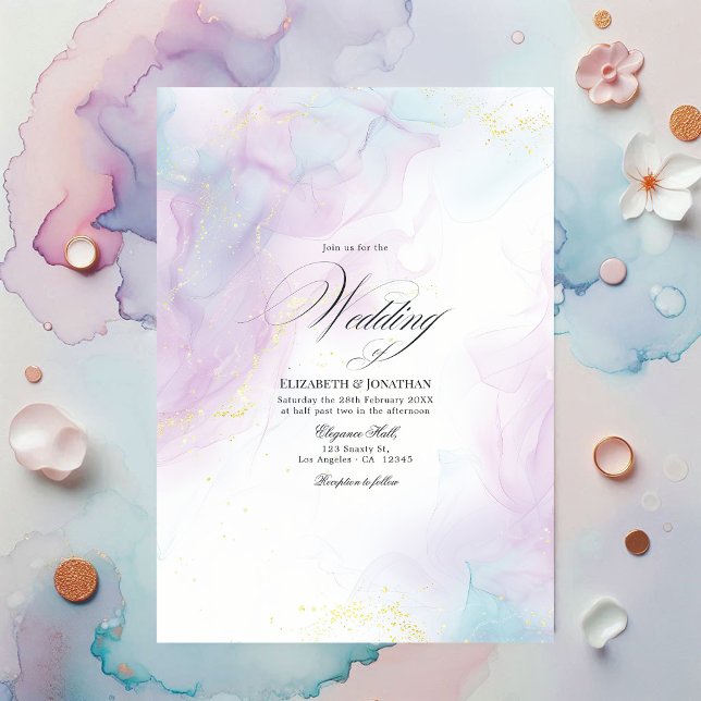 Invitación Boda suave de tinta azul y dorada para alcohol (Soft Pastel Blue and Gold Alcohol Ink Wedding Invitation)
