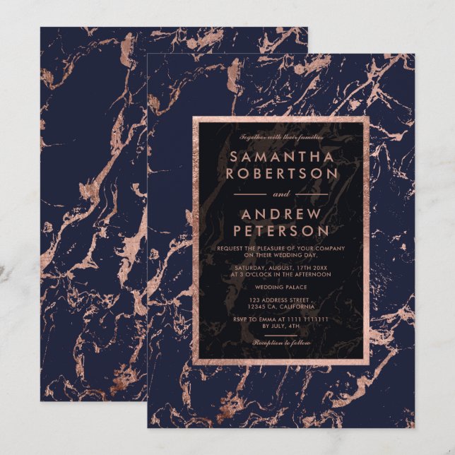 Invitación Boda subió azules marinos del mármol del marco del (Anverso / Reverso)