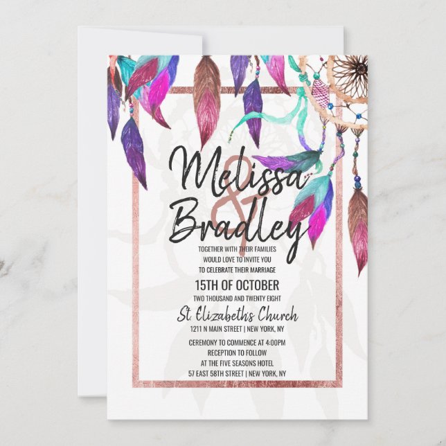 Invitación Boda subió Dreamcatcher del oro de la acuarela de (Anverso)