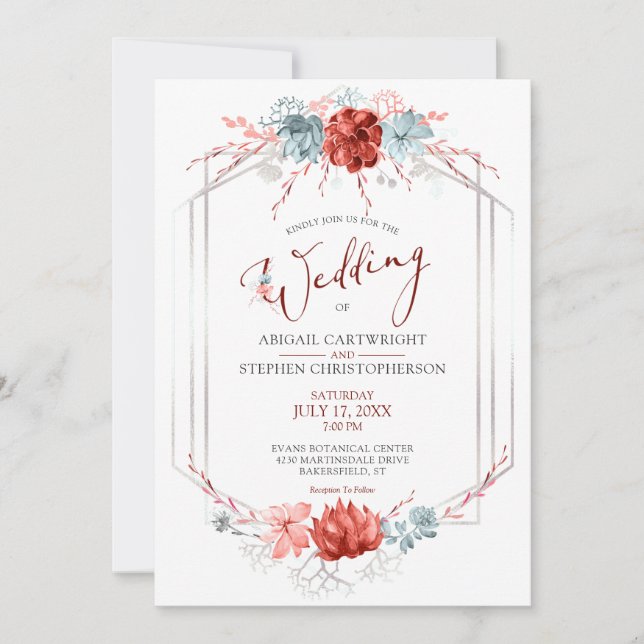 Invitación Boda Sucultor Floral de Coral Geométrico (Anverso)