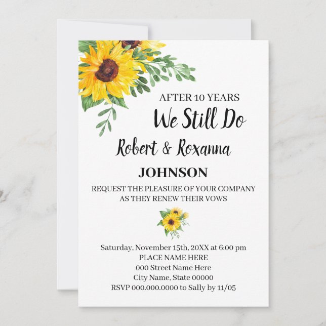 Invitación Boda Sunflowers Aniversario Renovación de votos (Anverso)