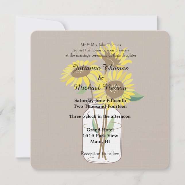 Invitación Boda Sunflowers Mason Jars Brown (Anverso)