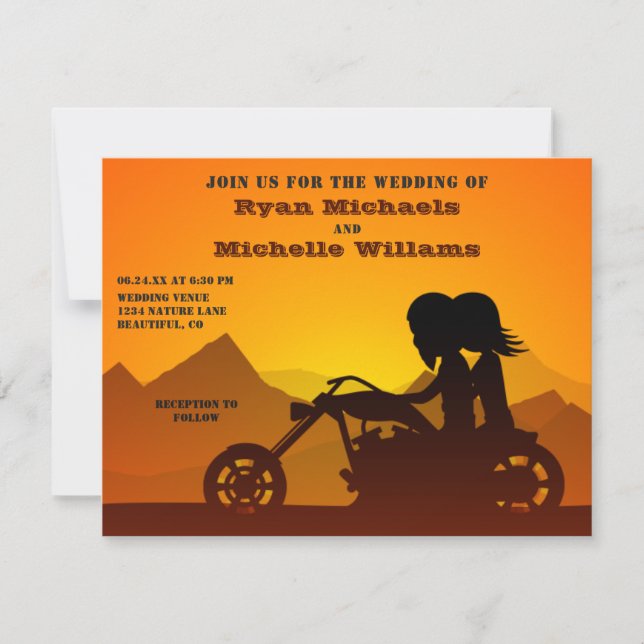 Invitación Boda Sunset/Sunrise de Motocicleta Pareja (Anverso)