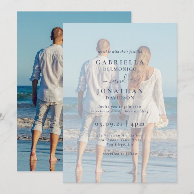 Invitación Boda superpuesto blanco de fotografía de pareja mo (Anverso / Reverso)