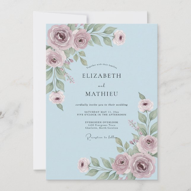 Invitación Boda Susurro de Flor de Azul Polvoriento (Anverso)