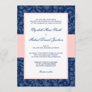 Invitación Boda Swirl Navy Blue y Rubor Pink Damask
