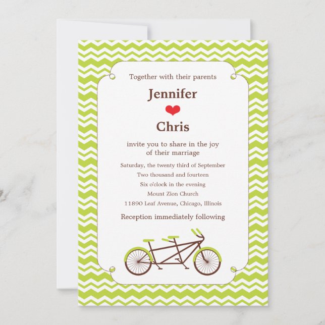 Invitación Boda Tandem Bike (Green Chevron) (Anverso)