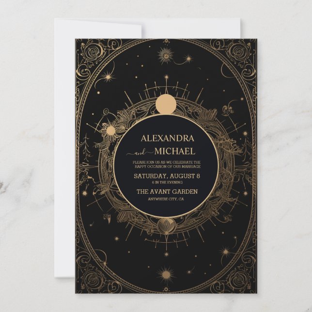 Invitación Boda Tarot Mística de Negro y Oro (Anverso)