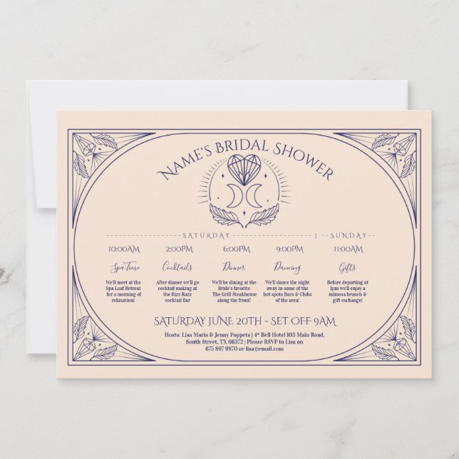 Invitación Boda Tarot Moon Heart Bridal Shower Itinerary (Anverso)