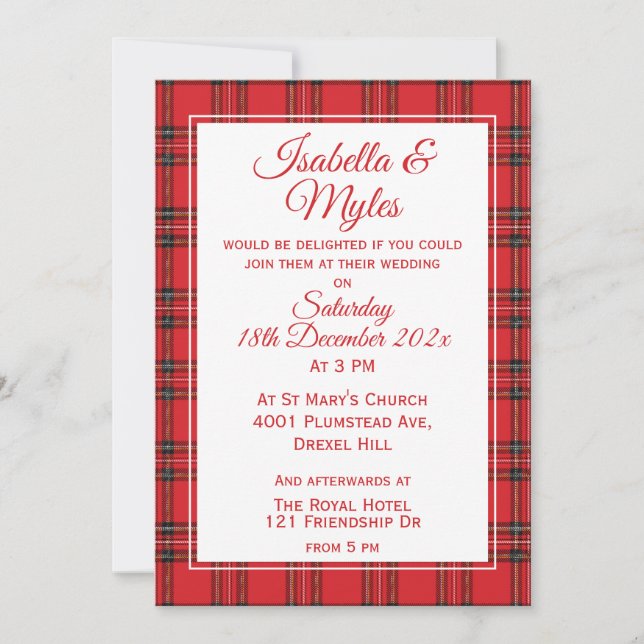 Invitación Boda Tartán Rojo (Anverso)