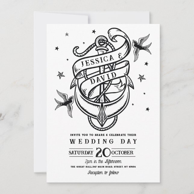 Invitación Boda Tattoo Palomas de ancla de rock tradicional (Anverso)