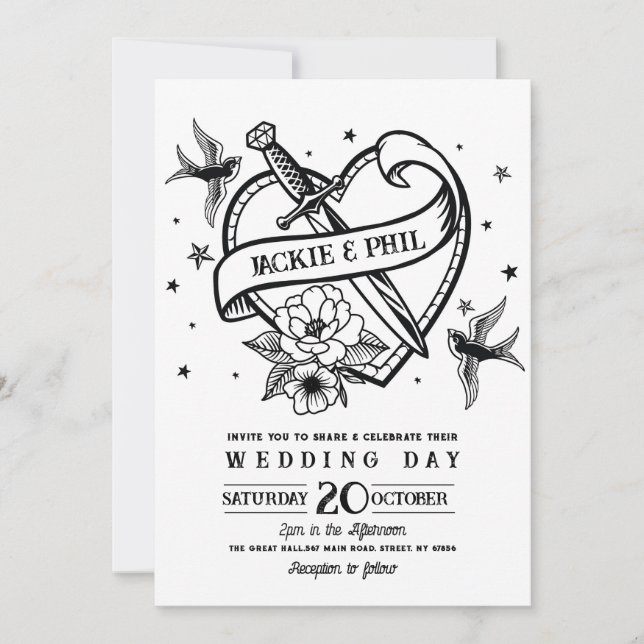 Invitación Boda Tattoo Palomas del corazón del rock tradicion (Anverso)