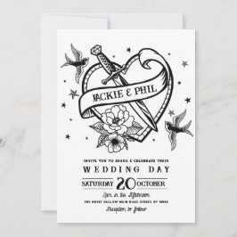 Invitación Boda Tattoo Palomas del corazón del rock tradicion