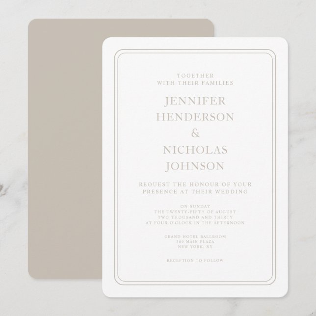 Invitación Boda Taupe Formal Elegante (Anverso / Reverso)