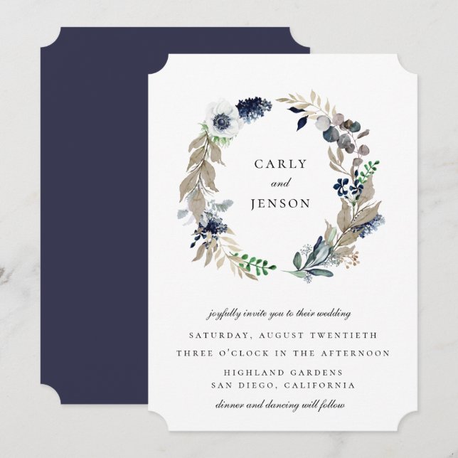 Invitación Boda Taupe + Navy Wreath (Anverso / Reverso)