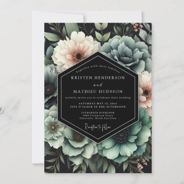 Invitación Boda Teal Chiaroscuro Bloom (Anverso)