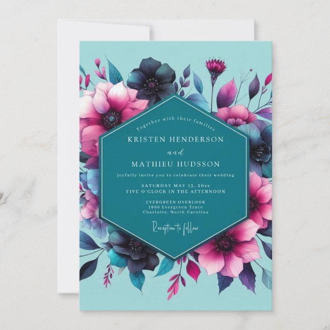 Invitación Boda Teal Fuchsia Moody Bloom (Anverso)
