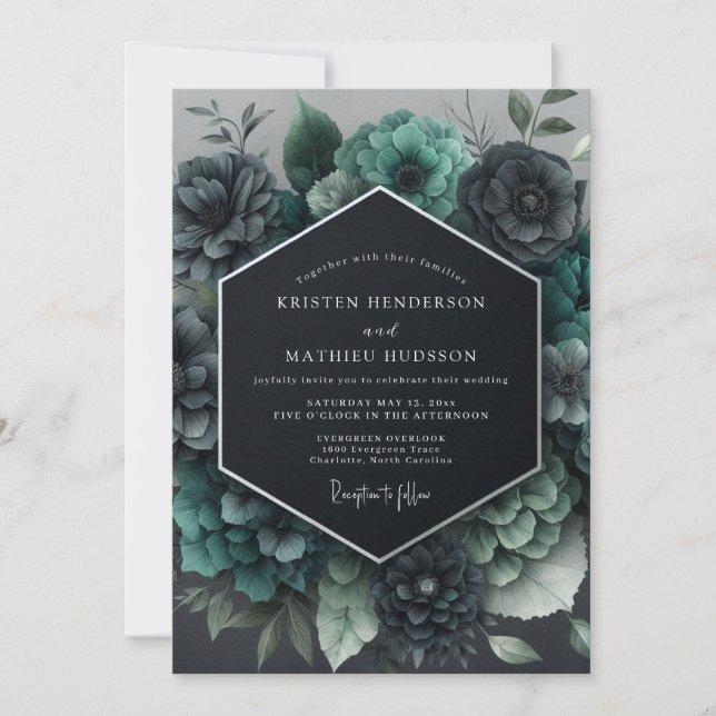 Invitación Boda Teal Gótico Florido (Anverso)