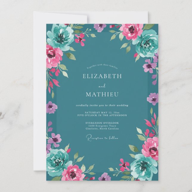 Invitación Boda Teal Magenta Ranunculus Sage (Anverso)