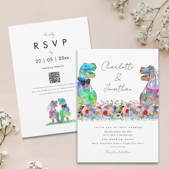 Invitación Boda tema bohemio de dinosaurio con flores silvest (Colorful wildflower boho dinosaur wedding invitation with qr code)
