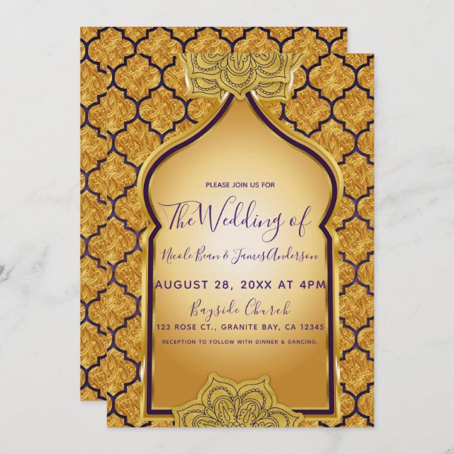 Invitación Boda temática árabe india real de oro púrpura (Anverso / Reverso)