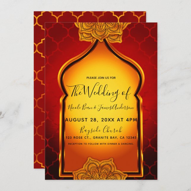 Invitación Boda temática árabe india real de oro rojo ardient (Anverso / Reverso)