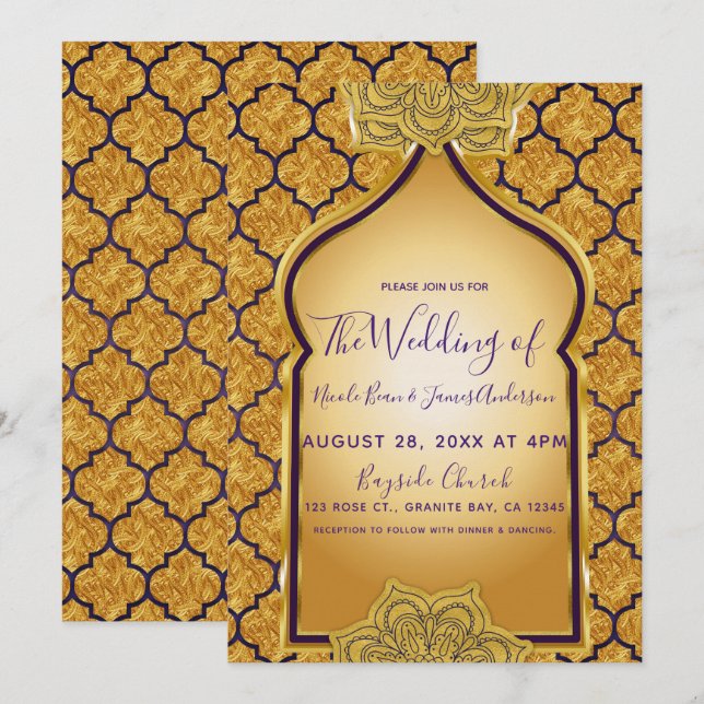 Invitación Boda temática árabe india real oro púrpura (Anverso / Reverso)