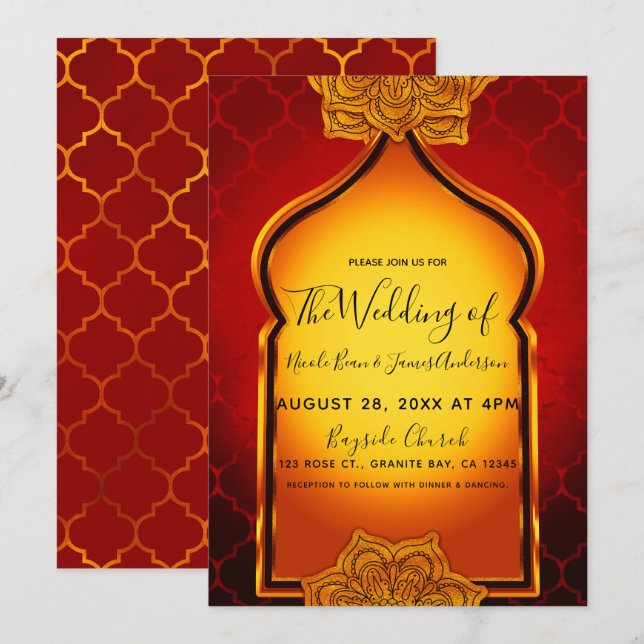 Invitación Boda temática árabe india real roja ardiente (Anverso / Reverso)