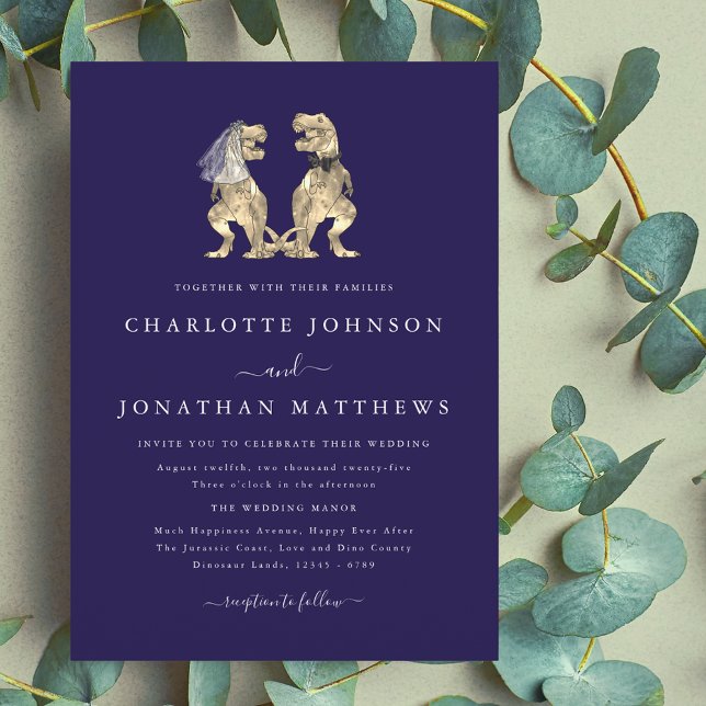 Invitación Boda temática de dinosaurios azul marino (Dinosaur theme wedding navy blue & white invitation elegant modern fun T-Rex dino Bride and groom)