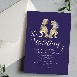 Invitación Boda temática de dinosaurios Azul marino y blanco