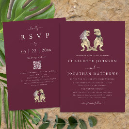 Invitación Boda temática de dinosaurios Código QR Burgundy Cr