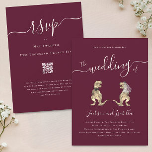 Invitación Boda temática de dinosaurios Código QR Burgundy Cr