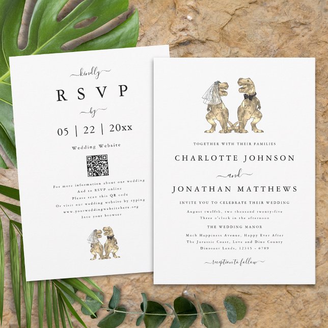 Invitación Boda temática de dinosaurios Código QR negro y bla (Dinosaur theme wedding qr code invitation fun T-Rex dino bride and groom modern elegant script)