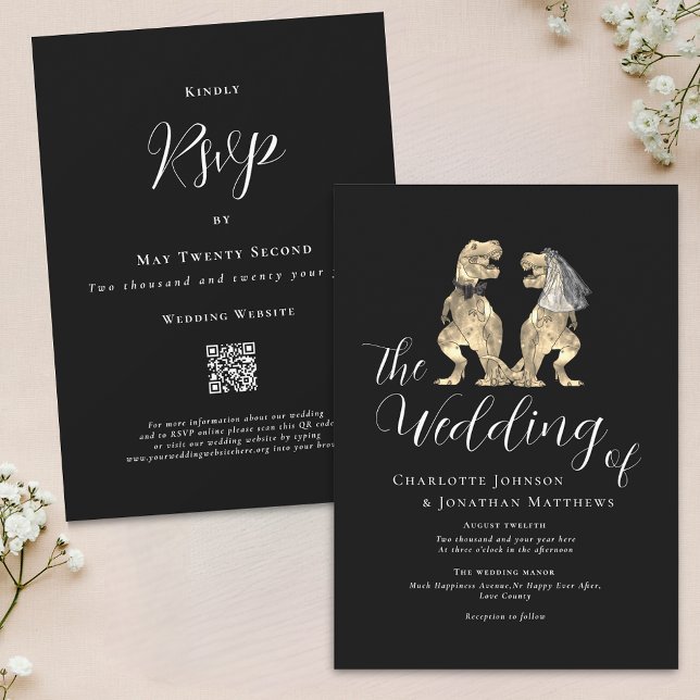 Invitación Boda temática de dinosaurios Código QR negro y bla (Dinosaur theme wedding black and white QR code invitation T-Rex dino Bride and groom elegant modern)