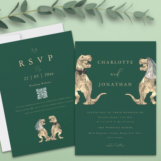Invitación Boda temática de dinosaurios código QR Verde (Dinosaur theme wedding dark green invitation Funny T-Rex bride and groom modern Jurassic wedding )