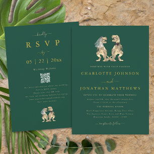 Invitación Boda temática de dinosaurios Código QR verde dorad