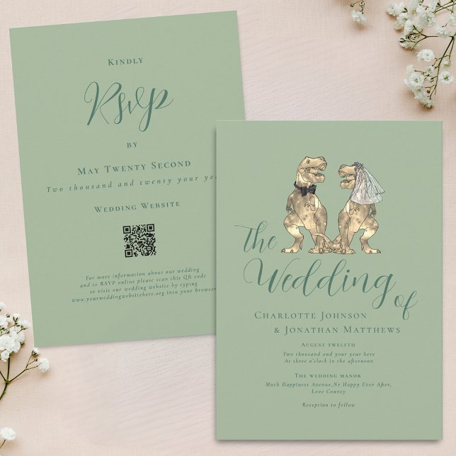 Invitación Boda temática de dinosaurios Código QR verde sabio (Dinosaur theme wedding sage green QR code invitation Modern elegant script fun T-Rex dino couple)